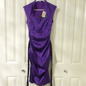 NWT LE-CHATEAU purple satin belted cocktail party midi dress